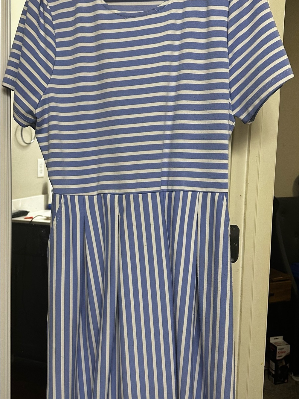 Draper James Blue and White Striped Short Sleeve Fit-and-Flare Dress